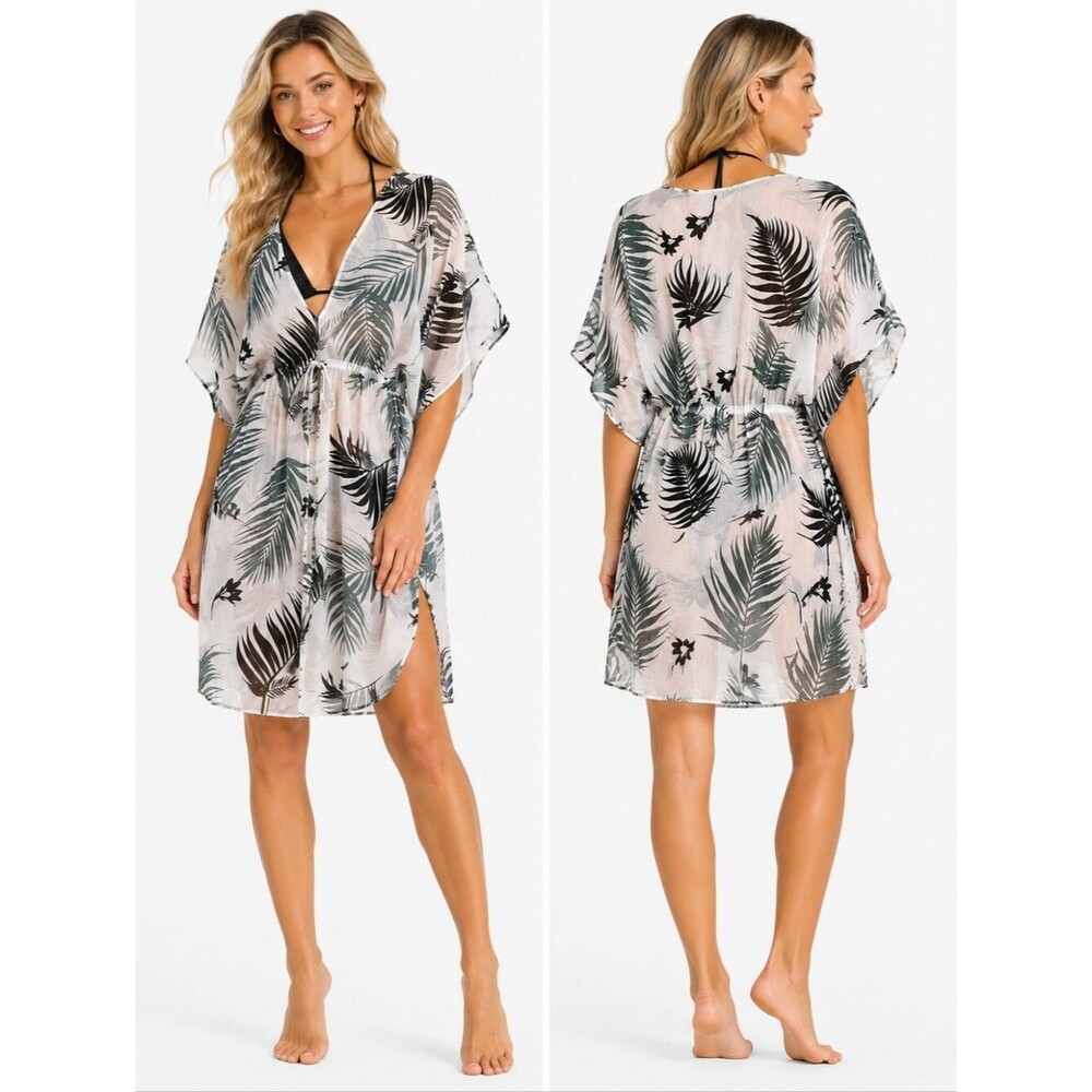 Kona Sol Sheer Tropical Palm Leaf Kaftan Cover Up Women White Green Size M